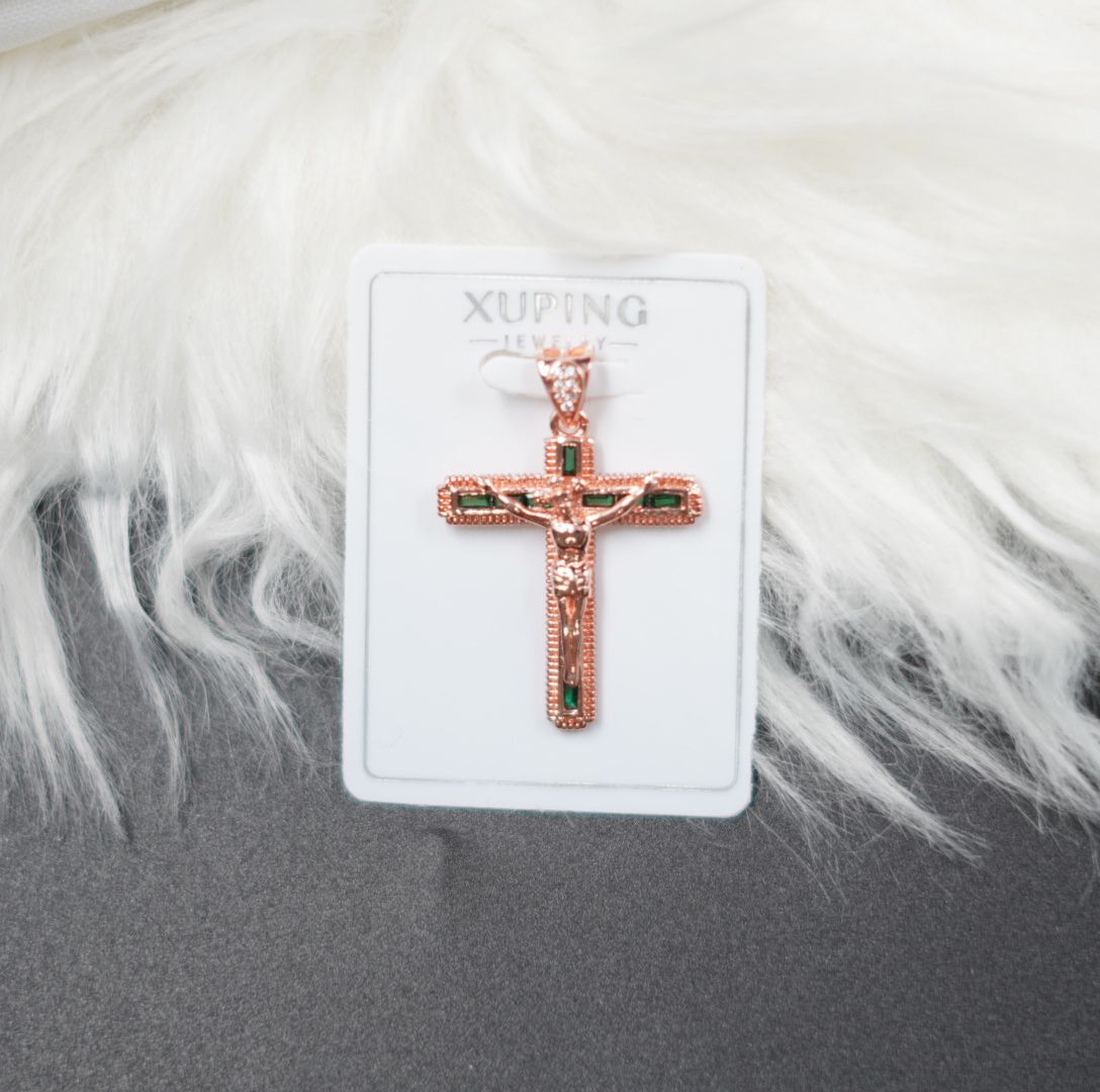 Miniatura 2 de DIJE CRUZ JESUS ROSADO PIEDRAS VERDES